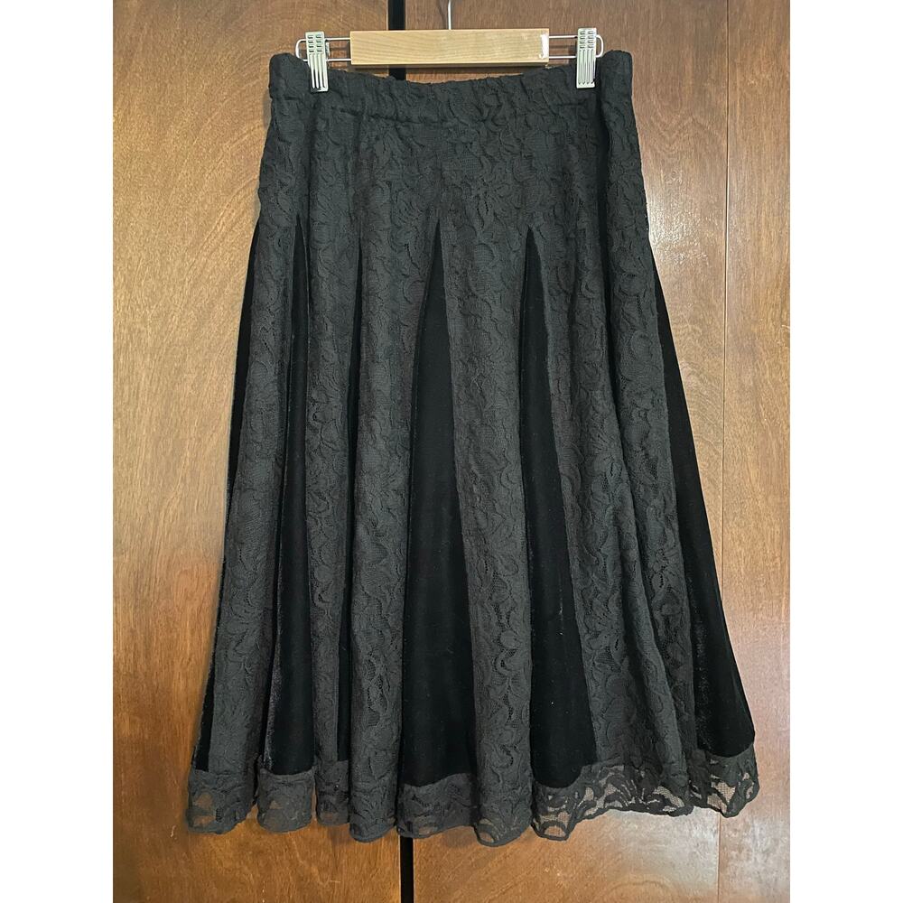 SUSAN GRAVER Black Godet Flared Evening Velvet & Lace Skirt M Lined Gothic